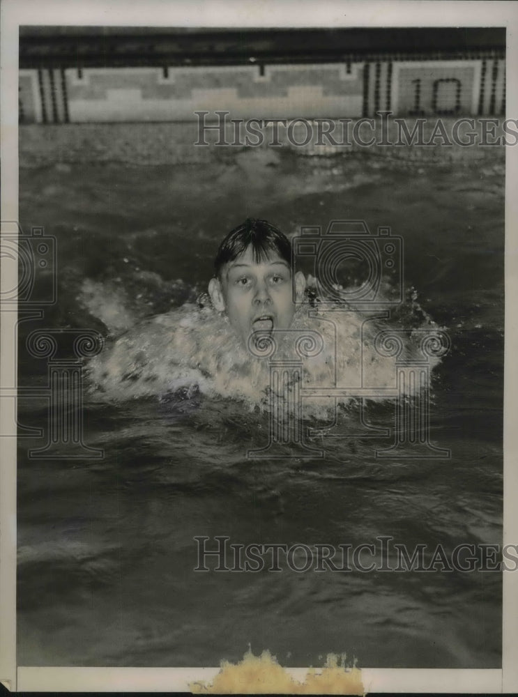 1936 Press Photo William L. Sherlow Wins Breast Stroke at Penn National Meet