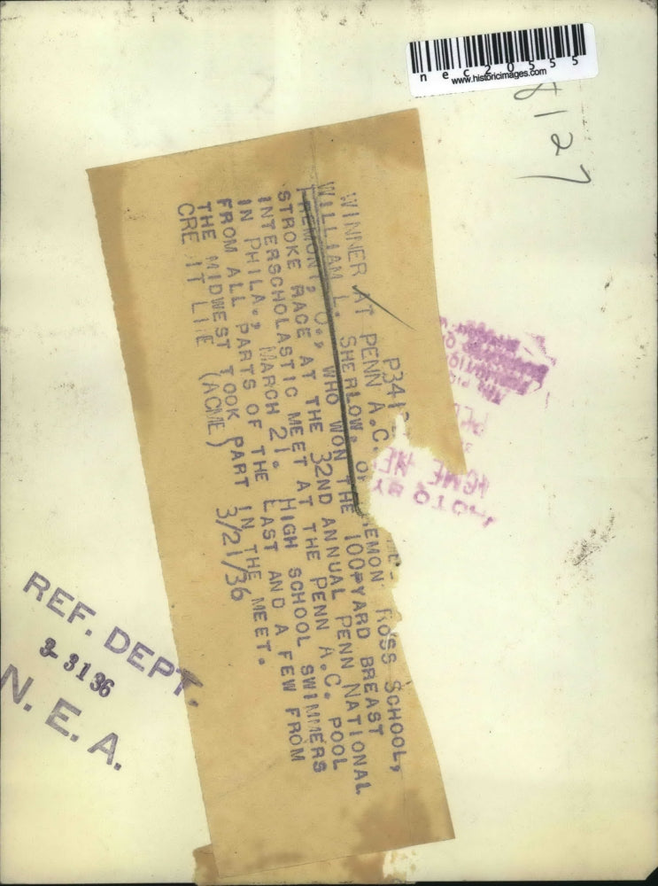 1936 Press Photo William L. Sherlow Wins Breast Stroke at Penn National Meet