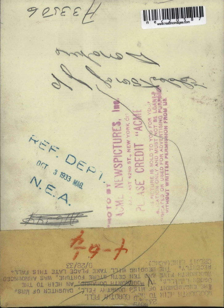 1933 Press Photo Dorothy Fell to Wed Woolworth Donahue Heir to 10 Cent Store