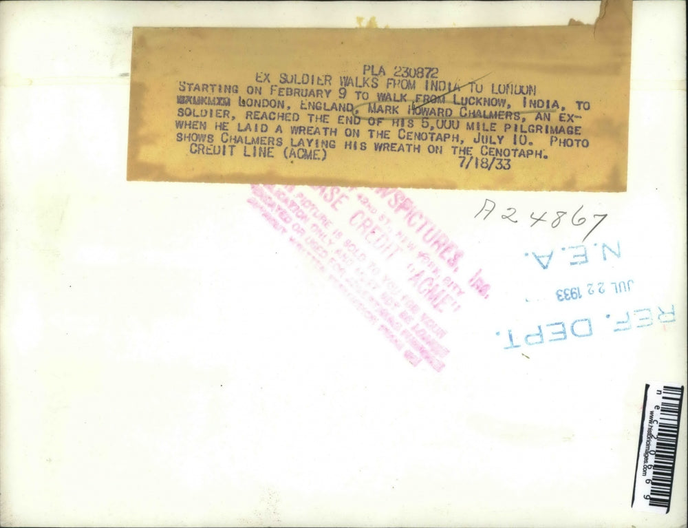 1933 Press Photo Mark Howard Chalmers Reached End of 5000 Mile Pilgrimage Englan