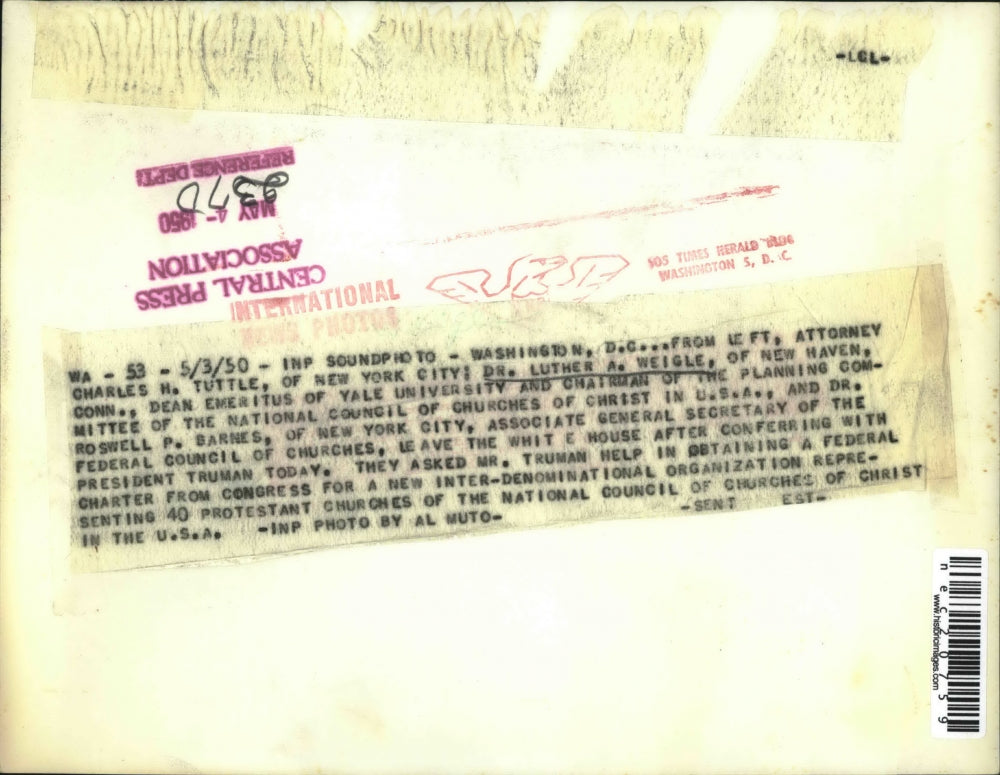 1950 Press Photo Charles H Huttle, Dr. Luther A Weigle and Dr. Roswell P Barnes