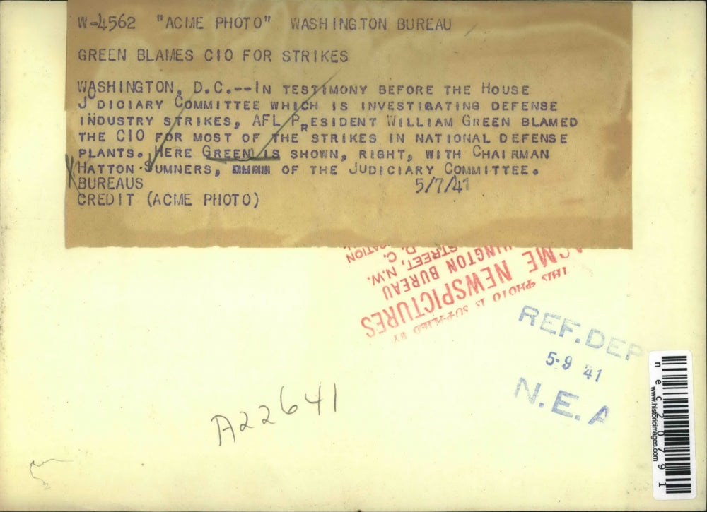 1941 Press Photo William Green President of AFL & Chair of Judiciary Com Sumners