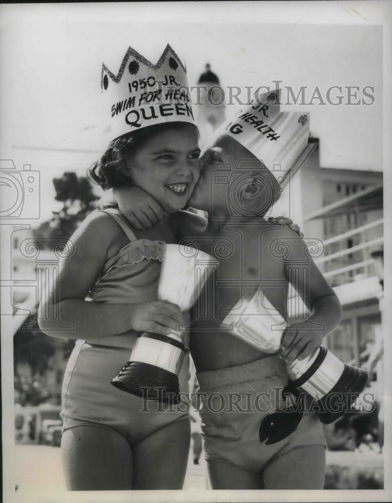 1949 Press Photo Glenda Sue Schuman &amp; Kenny Cappy Win Junior Swim For Health- Historic Images