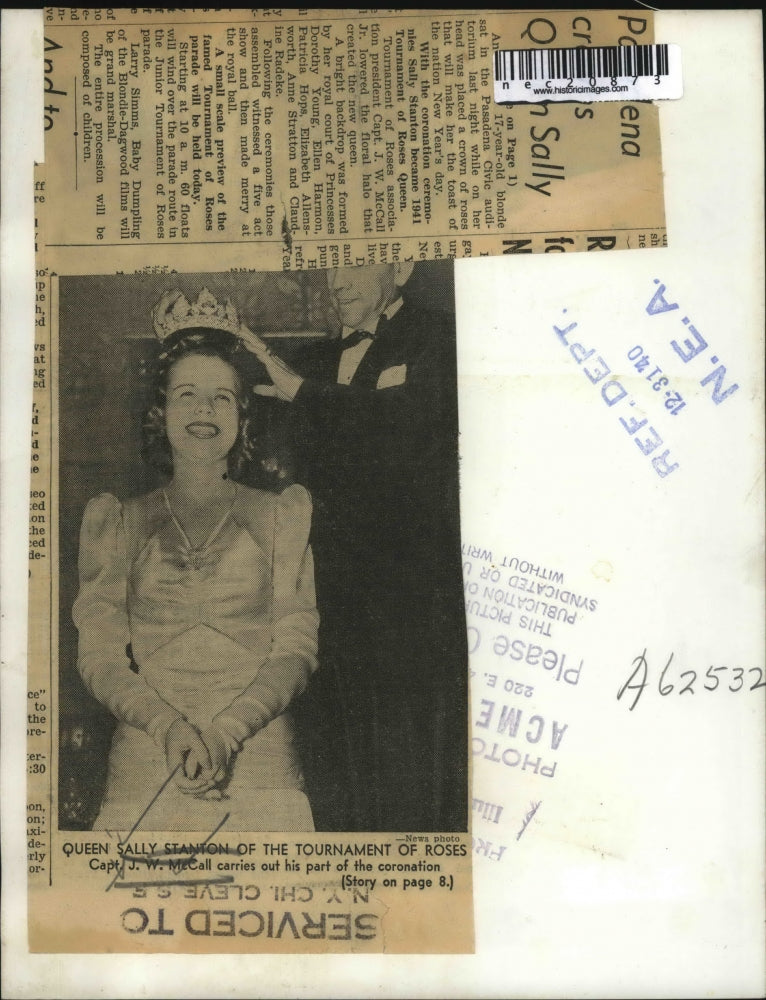 1940 Press Photo Sally Stanton, crowned 1941 Tournament of the Roses Queen