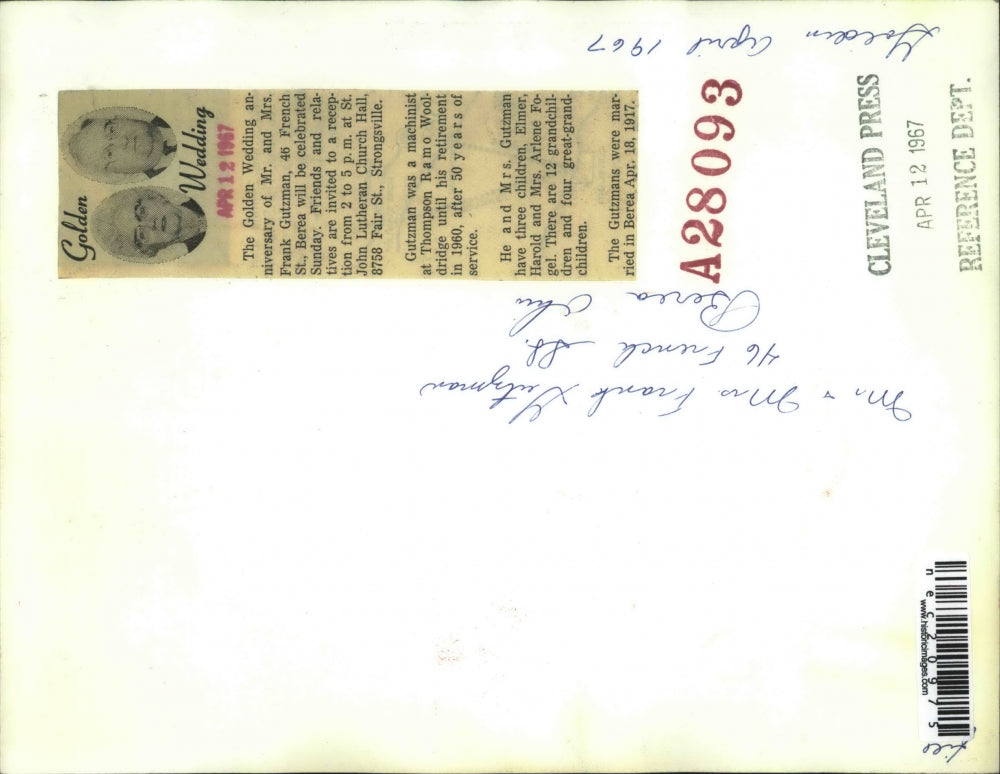 1967 Press Photo Mr. And Mrs. Frank Gutzman Celebrate Golden Anniversary
