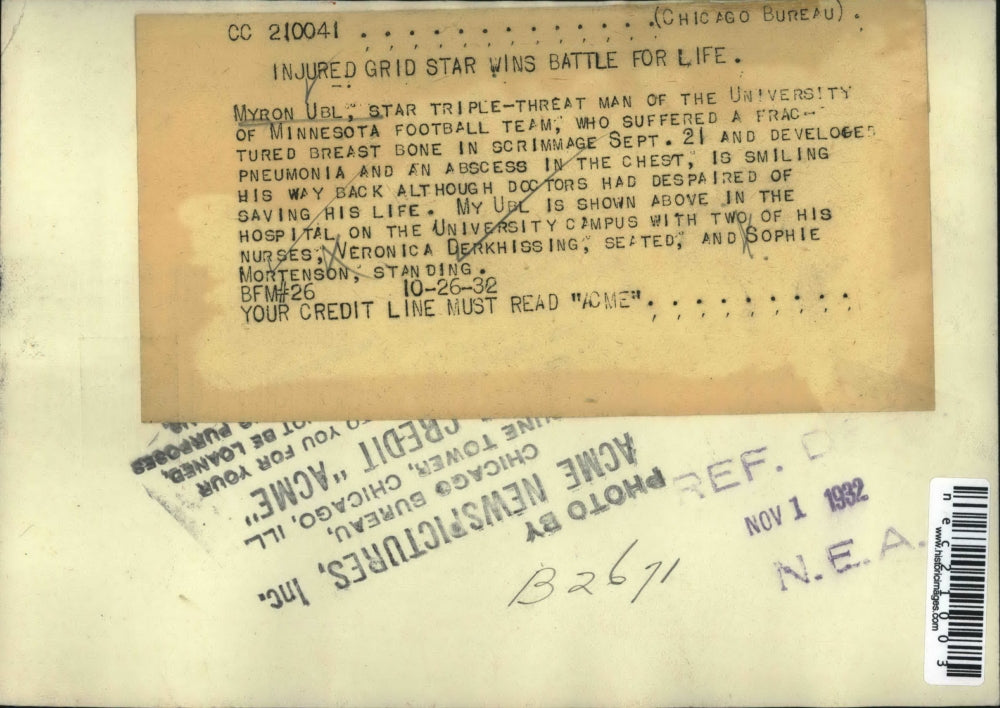 1932 Press Photo Myron Ubl of Univ. Minnesota Football, Berkhissing, Mortenson