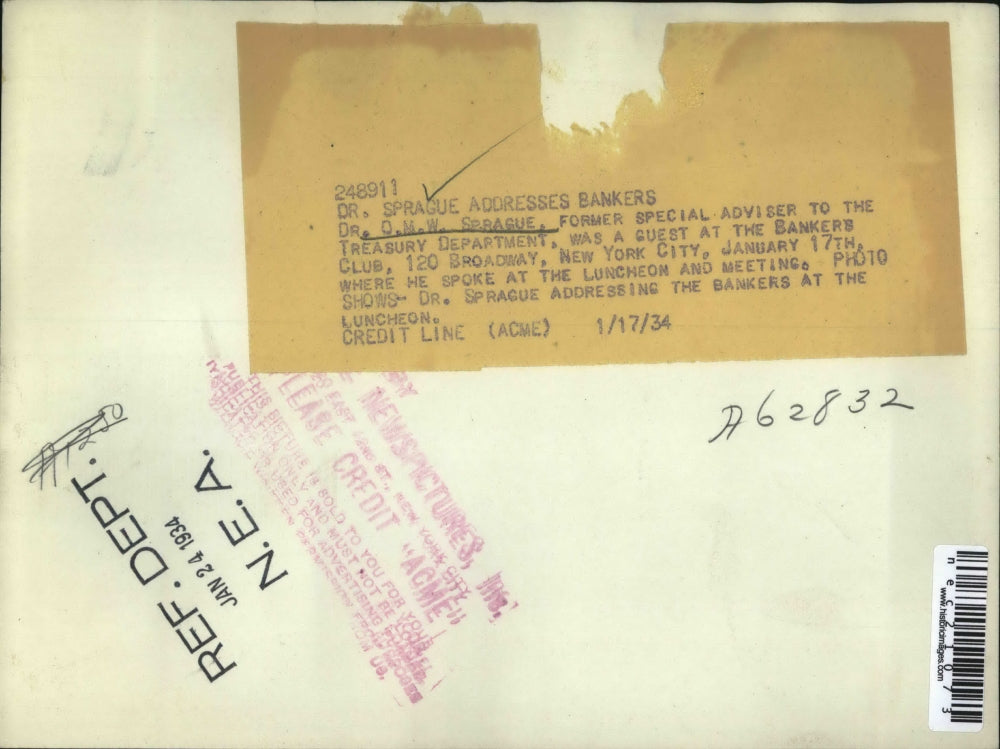 1934 Press Photo Dr. OMW Sprague Treasury Advisor Talks To Bankers Club Lunch