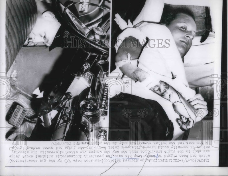 Load image into Gallery viewer, 1961 Press Photo Judge Richard Salb shot in right arm. his car was booby-trapped
