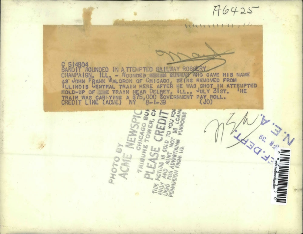 1939 Press Photo Bandit John Frank Waldron Wounded in Attempted Railway Robbery