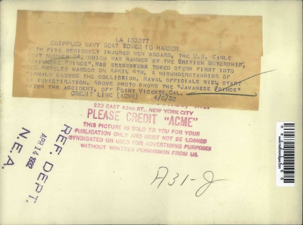 1932 Press Photo Crippled Navy Boat Javanese Prince After Accident