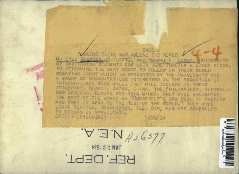 1934 Press Photo The World Belongs To Washington Debate Students Spencer & Burns