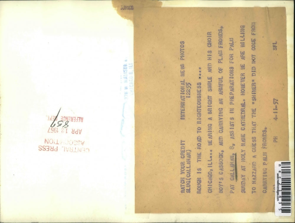 1957 Press Photo Little Choir Boy Pat Callahan Helps In Palm Sunday Preparations