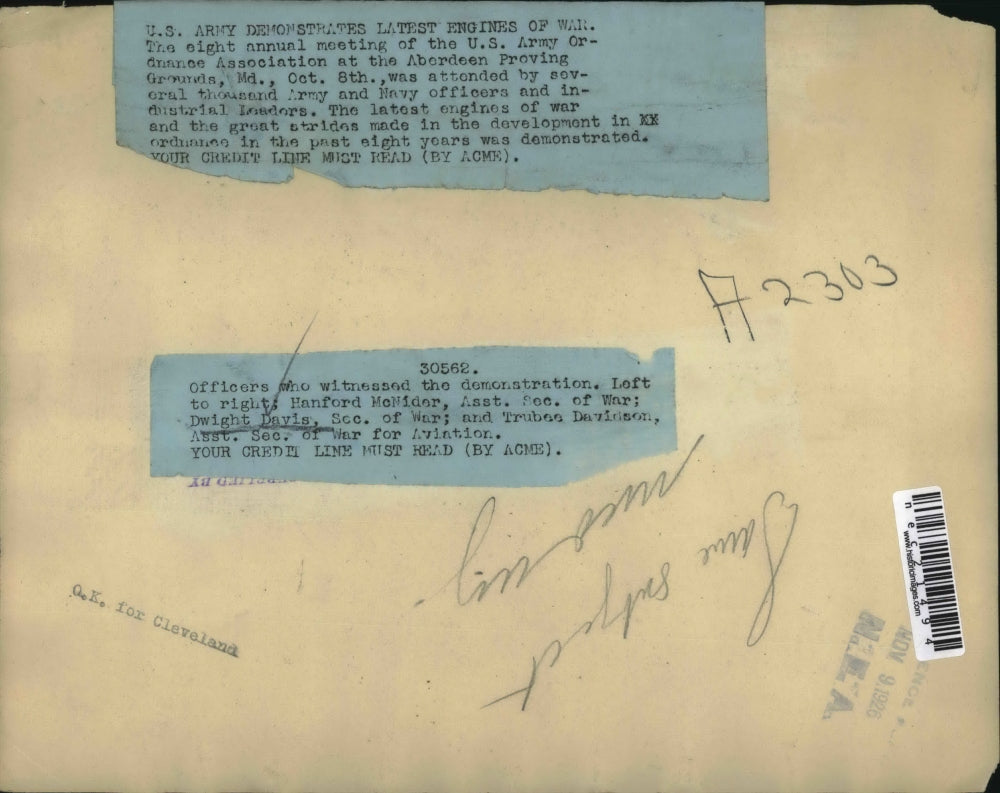 1926 Press Photo War Secretaries And Army Officers Watch Ordnance Bomb Display