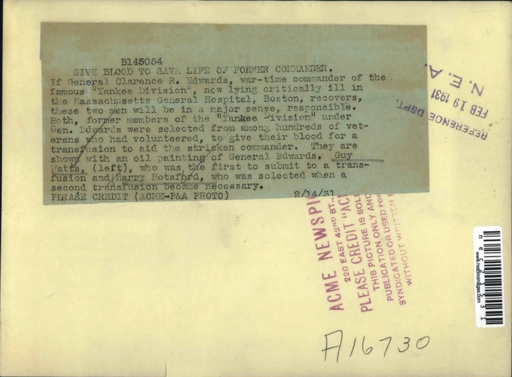 1931 Press Photo Guy Watts And Harry Botsford Gave Blood TO Yankee Division Cdr