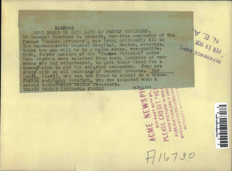 Load image into Gallery viewer, 1931 Press Photo Guy Watts And Harry Botsford Gave Blood TO Yankee Division Cdr
