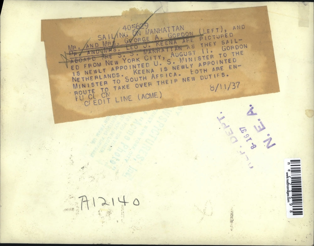 1937 Press Photo Diplomats George Gordon Leo Keena And Wives On USS Manhattan