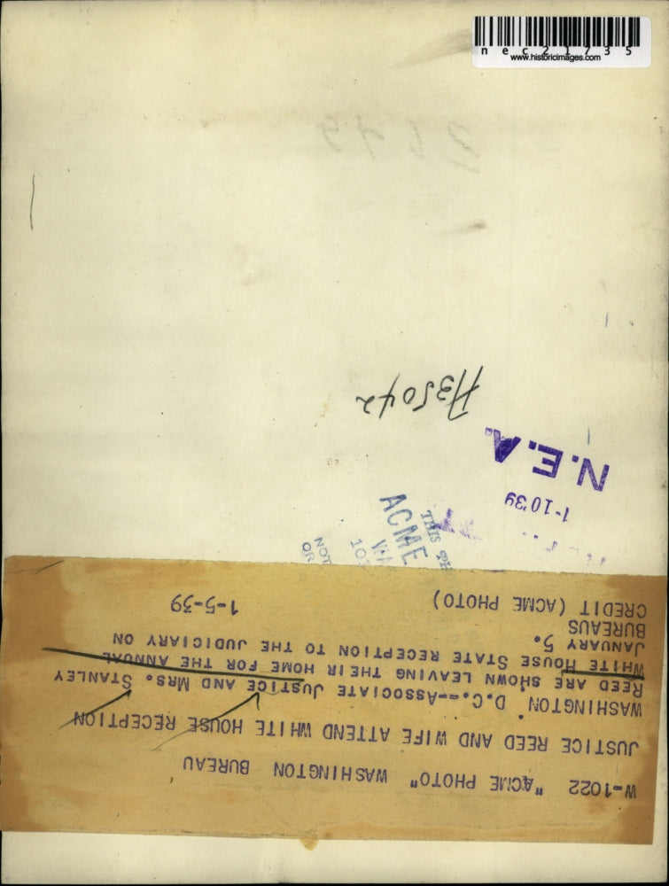 1939 Press Photo Associate Justice Stanley Reed and Mrs. Reed