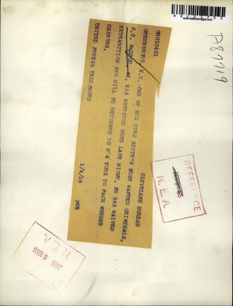 1956 Press Photo OC McLeod Arrested in NC Extradited to NY for Murder Charges