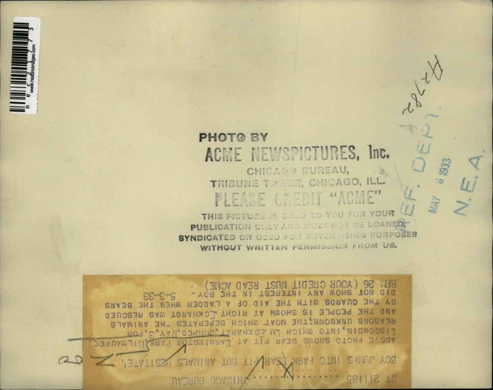 1933 Press Photo Bear Pit in Washington Park, Wisconsin