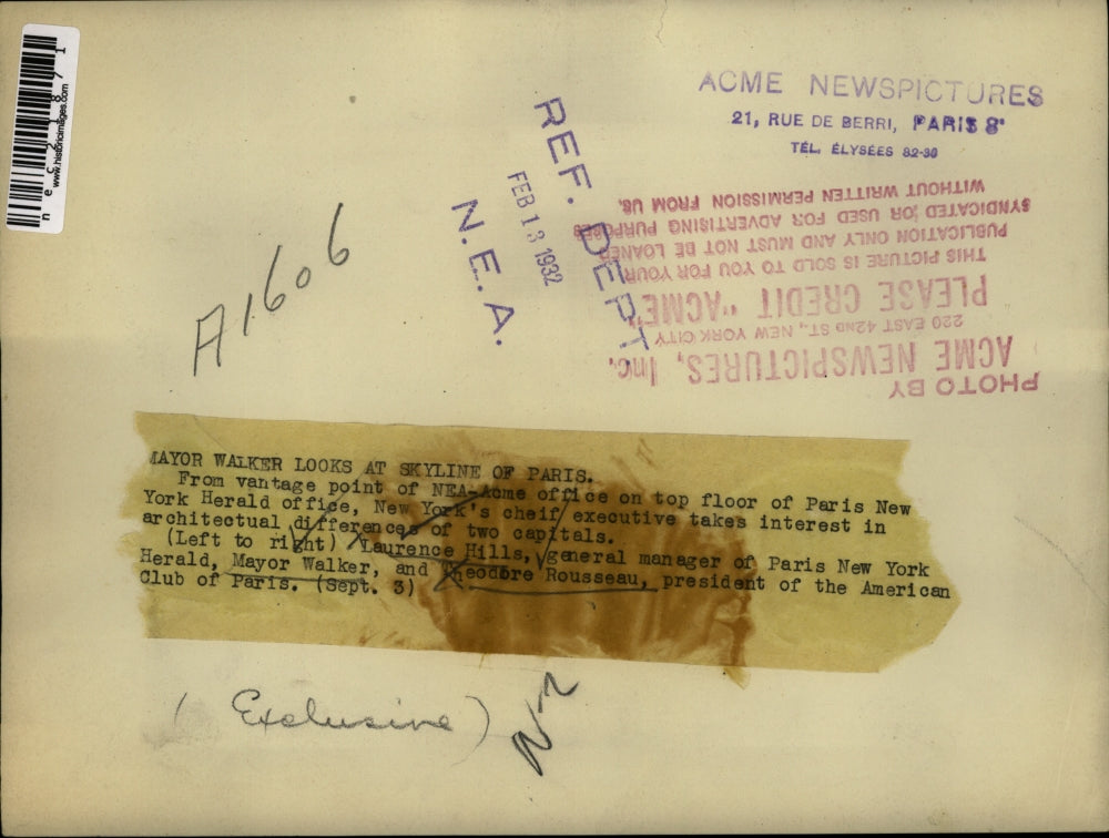 1932 Press Photo Mayor Walker Skyline Paris New York Herald Office