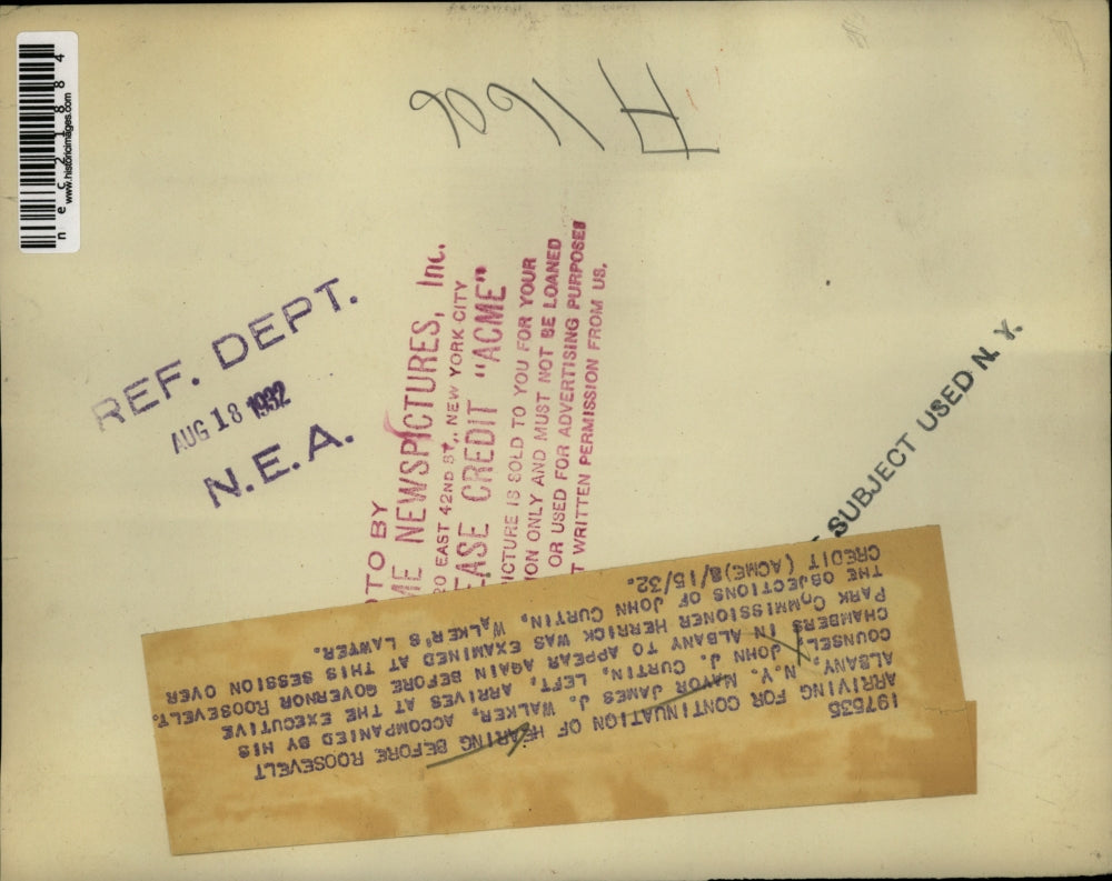 1932 Press Photo New York Mayor James Walker to appear before Gov Roosevelt