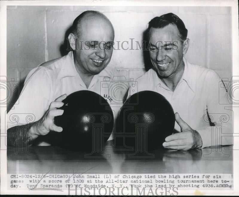 Load image into Gallery viewer, 1949 Press Photo John Small &amp; Tony Sparando All Star National Bowling Tournament
