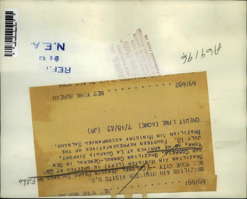 1943 Press Photo Col Joaquin Pedro Salgado Brazilian Minister & Oscar Correla