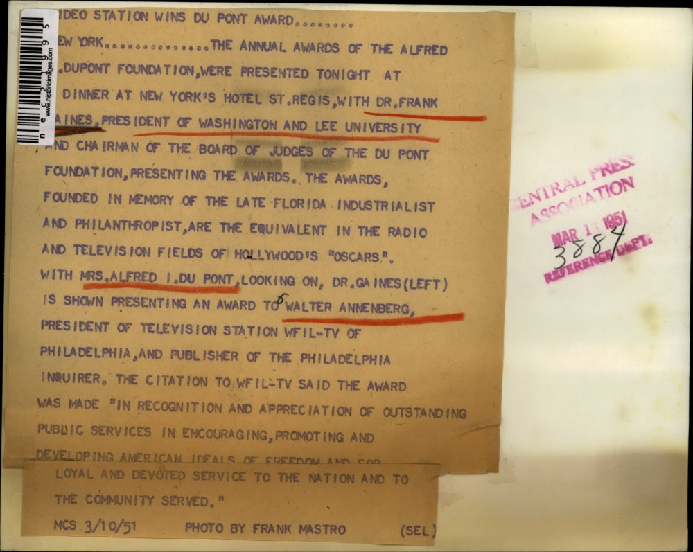 1951 Press Photo Dr Frank Gaines Pres of Washington & Lee Univ, Mrs Alfrd DuPont