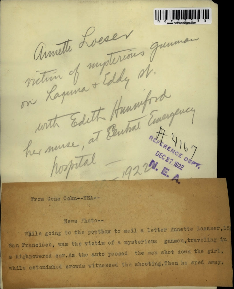 1922 Press Photo Annette Loesser Victim Gunman car
