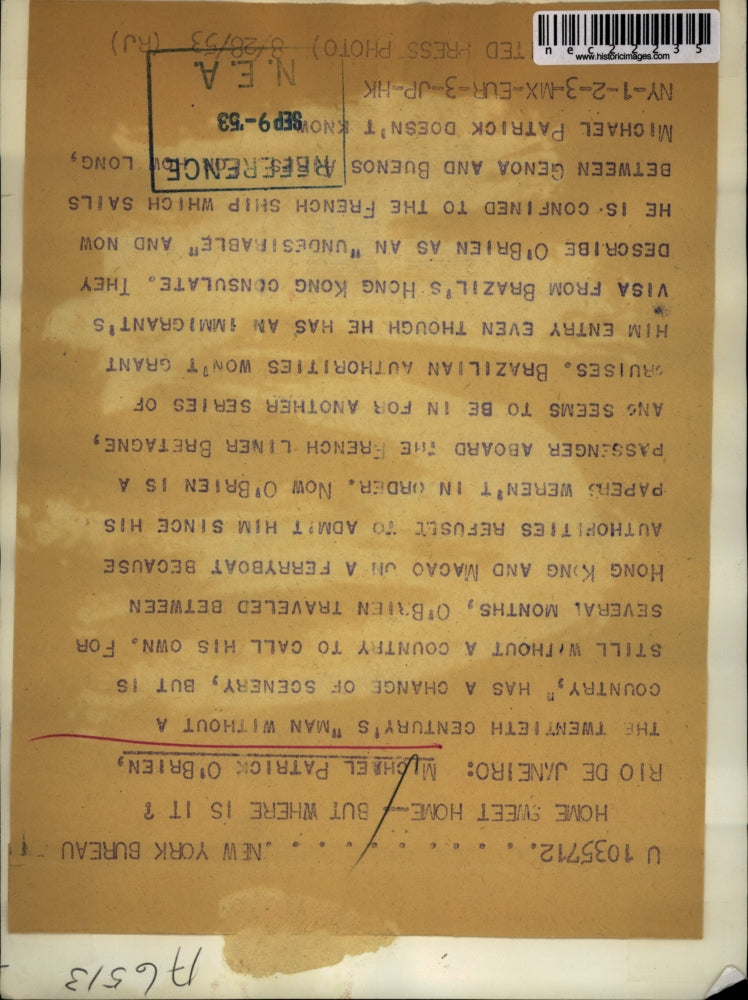 1953 Press Photo This man Pat O'Brien is a real man without a country