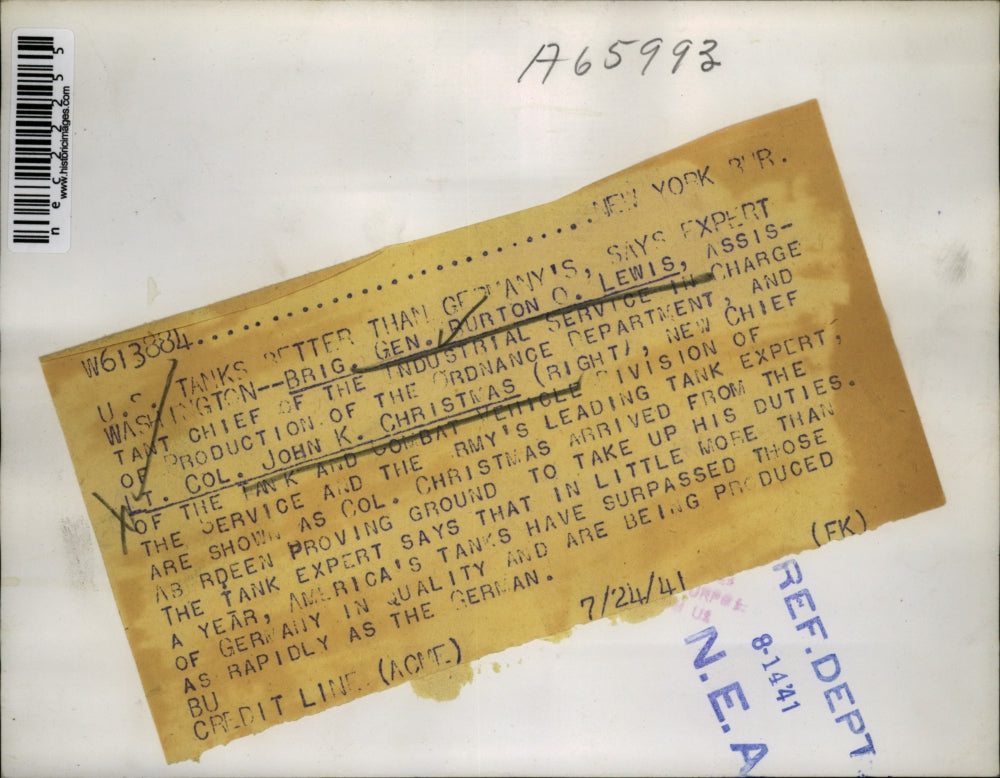 1941 Press Photo tank experts Brig. Gen. Burton Lewis & Lt. Col. John Christmas