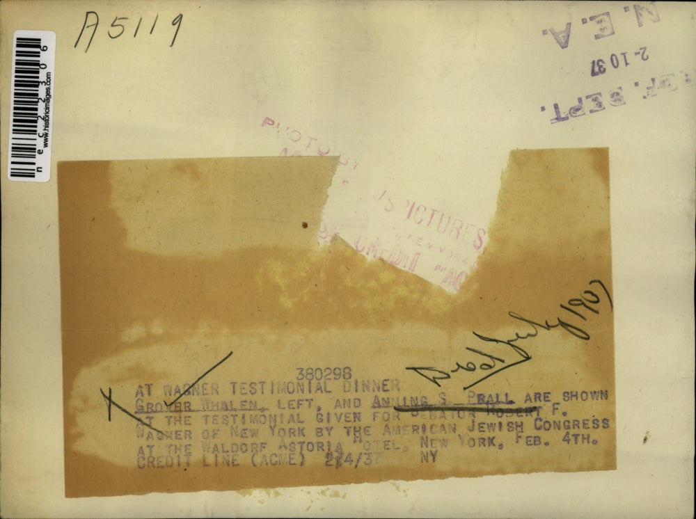 1937 Press Photo Grover Whalen and Anning Prall at the American Jewish Congress