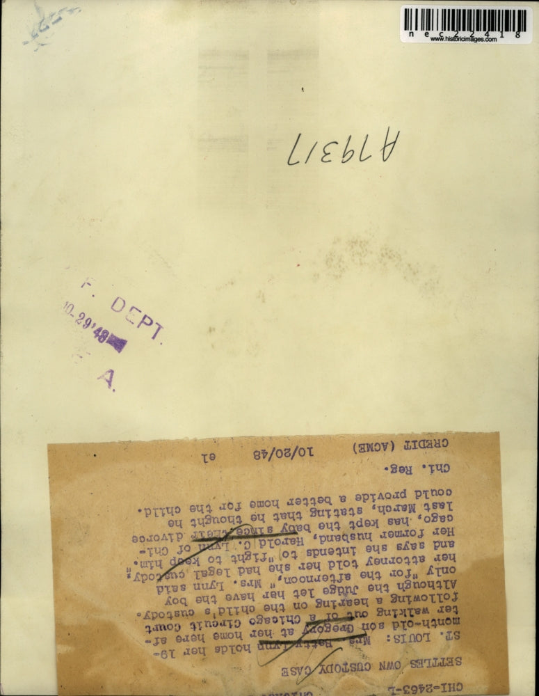 1948 Press Photo Betty Lynn hold son Gregory after custody dispute