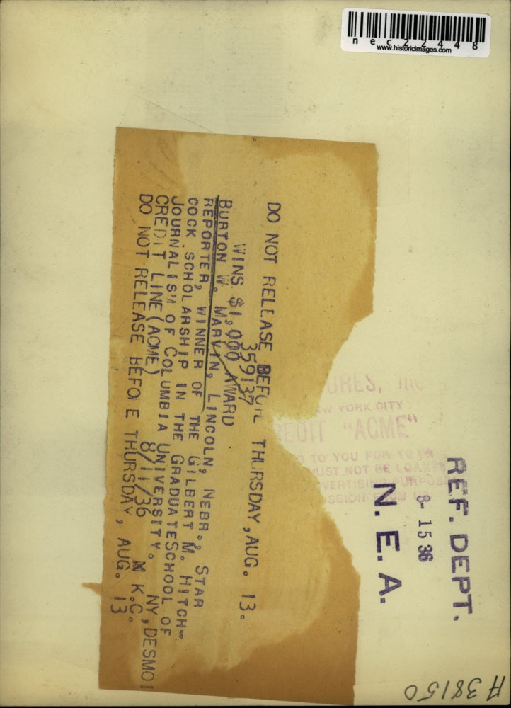 1936 Press Photo Burton Marvin Scholarship Star Reporter