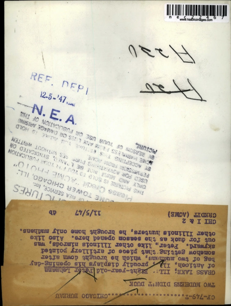 1947 Press Photo Grass Lake, Peter Lehmann, displays his opening day catch.