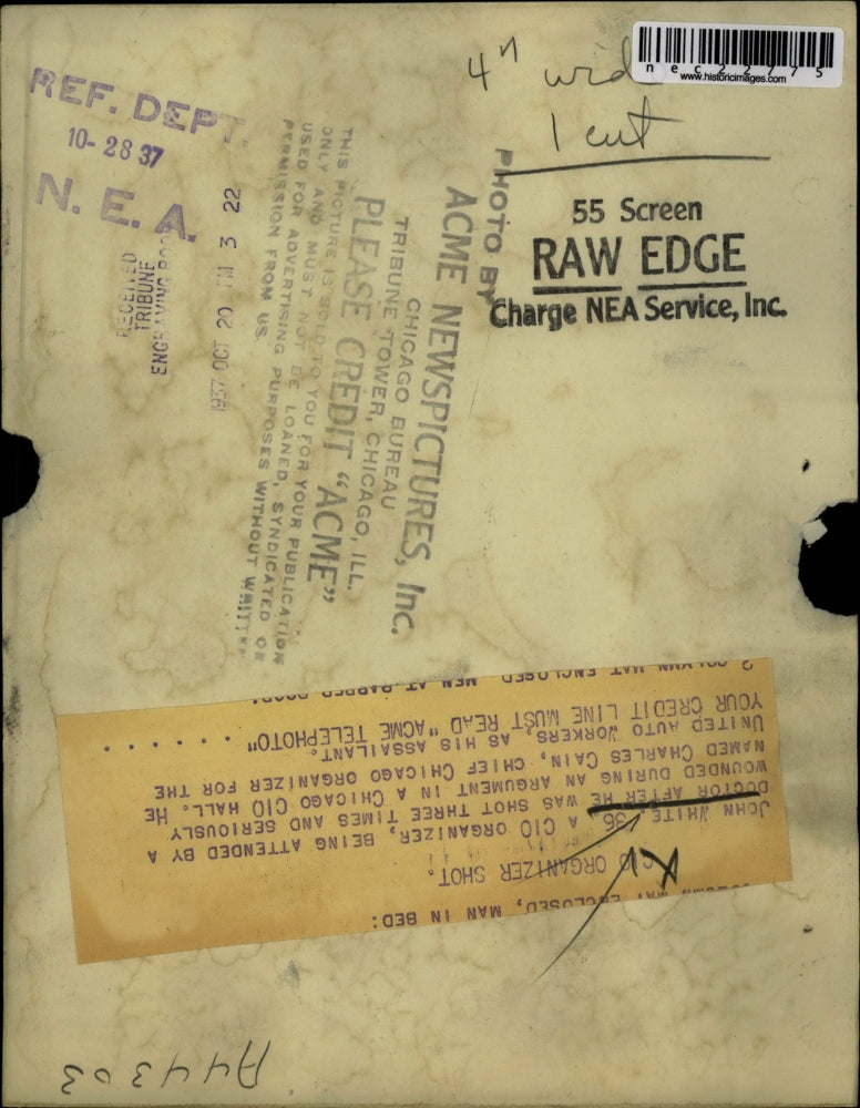 1937 Press Photo John White shot 3 times at Chicago CIO Hall