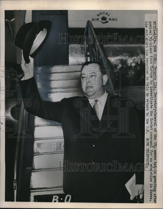 1951 Press Photo UN Secretary-General Trygvie Lie arrives from Europe