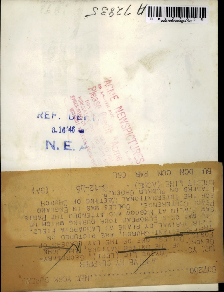 1946 Press Photo Iryove Lie Secretary General of UN & John Foster Dulles Church