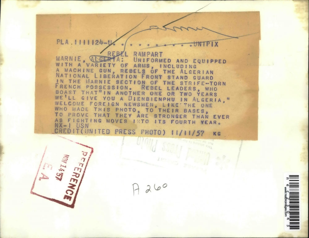 1957 Press Photo Algerian National Liberation stand guard in Marnie, Algeria