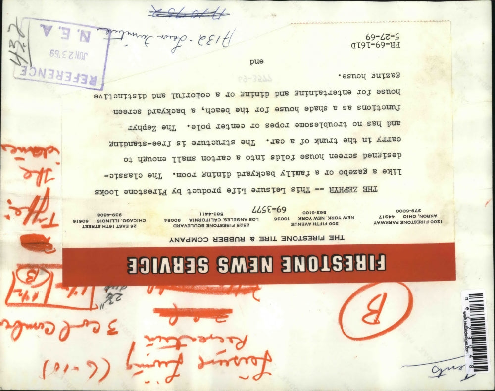 1969 Press Photo The Zephyr by Firestone. Screen house. - nec23048