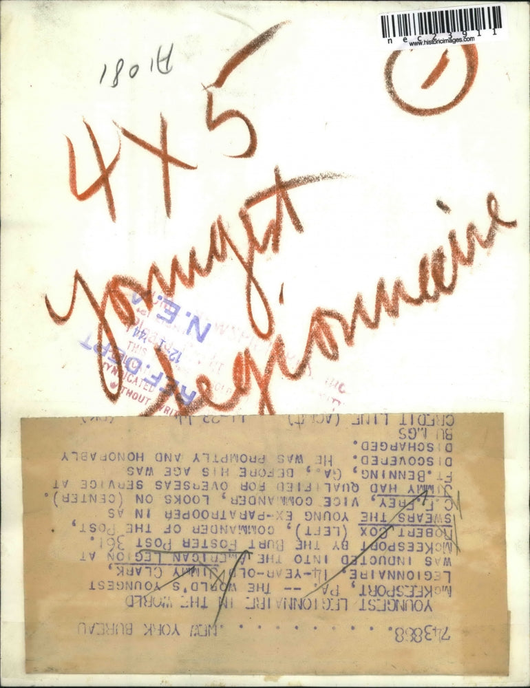 1944 Press Photo Jimmy Clark, World's Youngest Legionnaire Being Sworn In