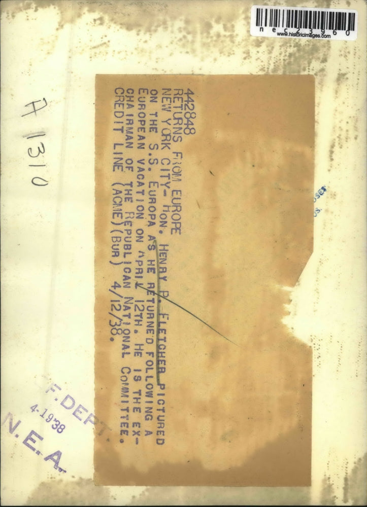 1938 Press Photo Henry P. Fletcher on the S.S. Europa returning from vacation.