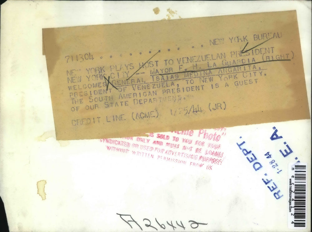 1944 Press Photo New York Mayor FH LaGuardia Greets Gen Isaias Medina Angarita