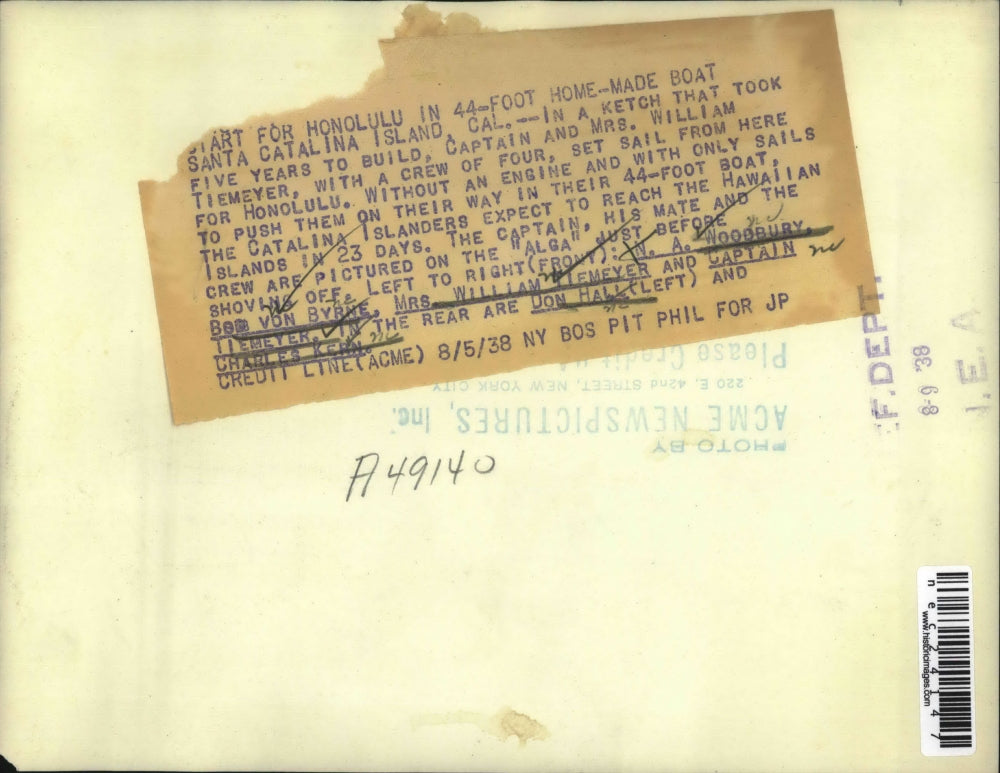 1938 Press Photo Capt. and Mrs. William Tiemeyer on the Alga in Honolulu