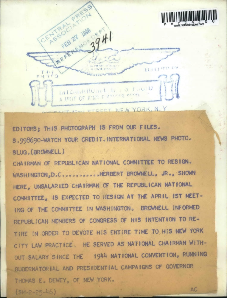 1946 Press Photo RNC Chairman Robert Brownell, Jr., to Resign