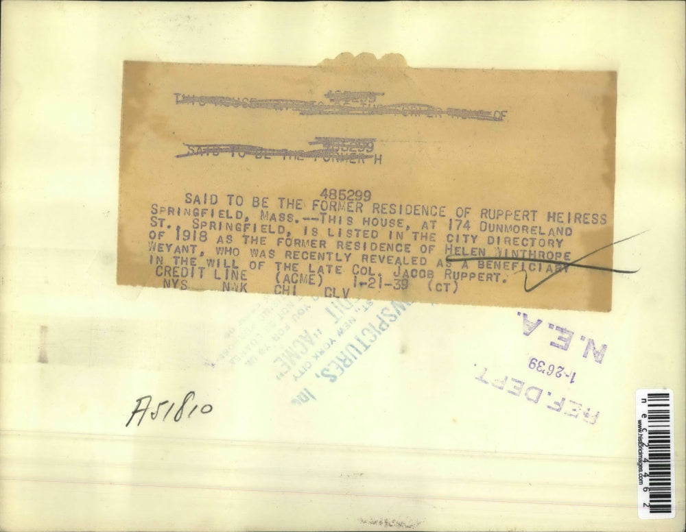 1939 Press Photo residence of Helen Winthrope Weyant, heir to Jacob Ruppert will