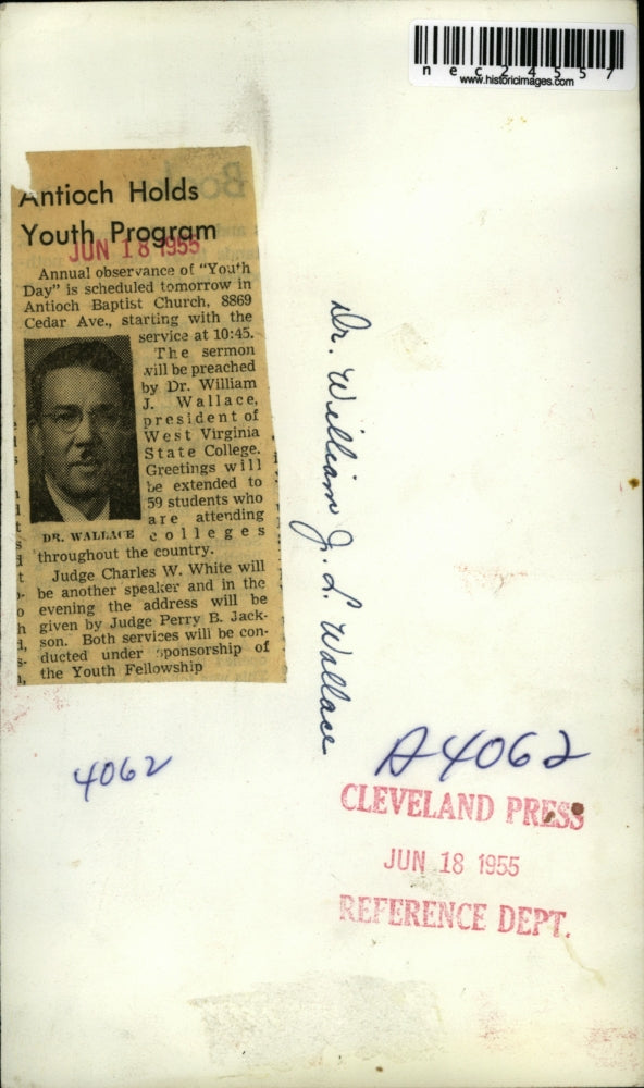 1955 Press Photo Dr William J L Wallace, Youth Day Antioch Baptist Church