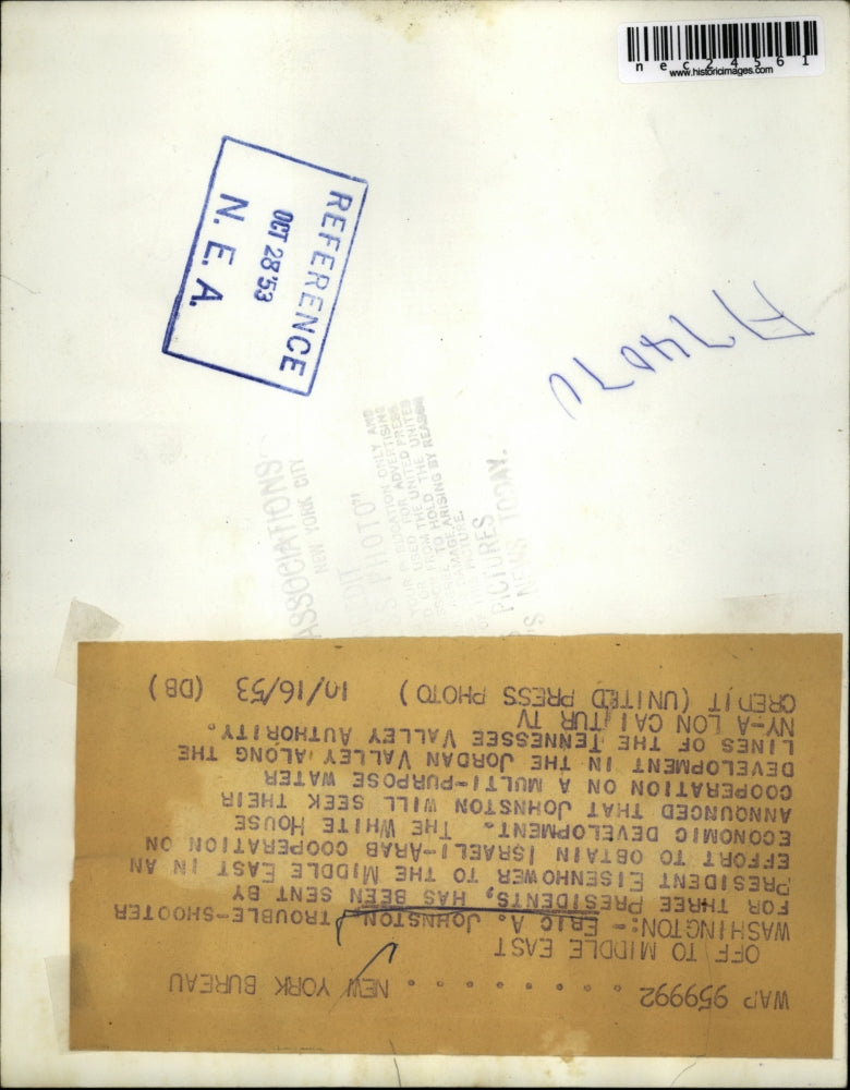 1953 Press Photo Eric Johnston Off to middle east