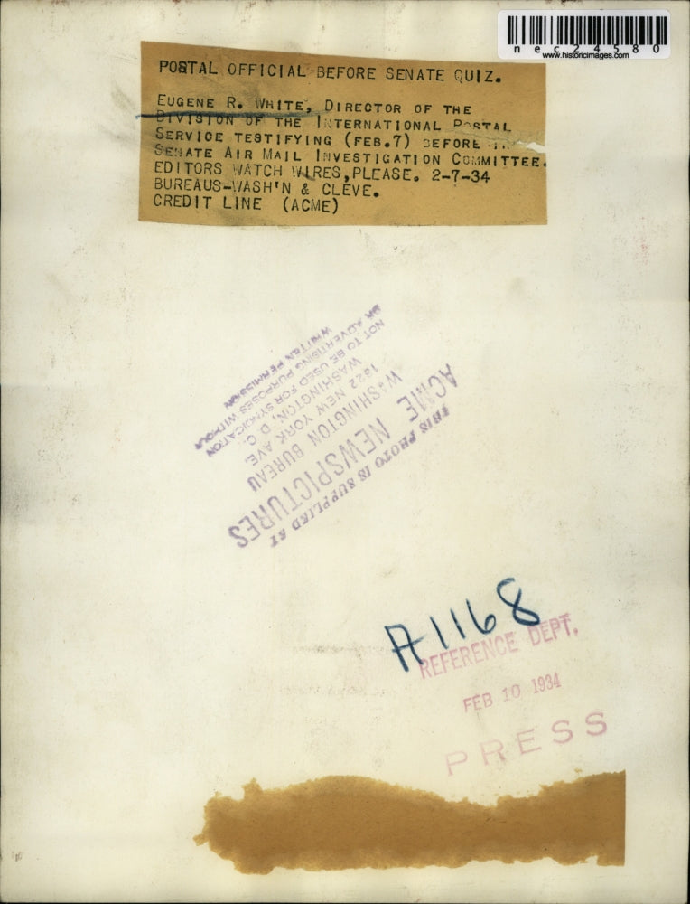 1934 Press Photo Eugene R. White, Postal Official Testifies Before Senate