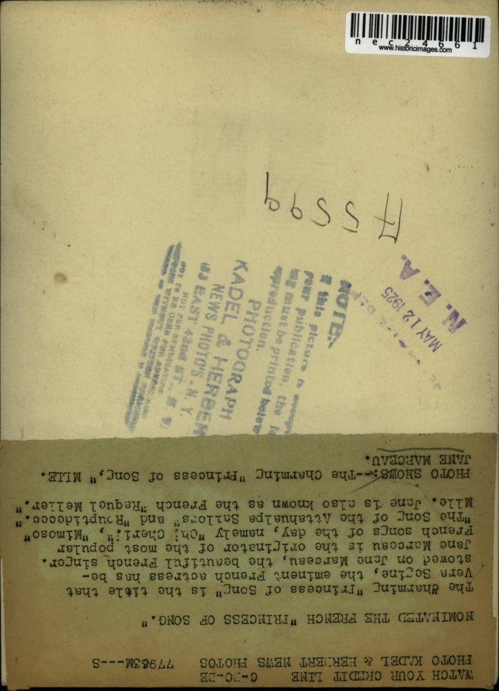 1925 Press Photo Jane Marceau is known as the princess of song.